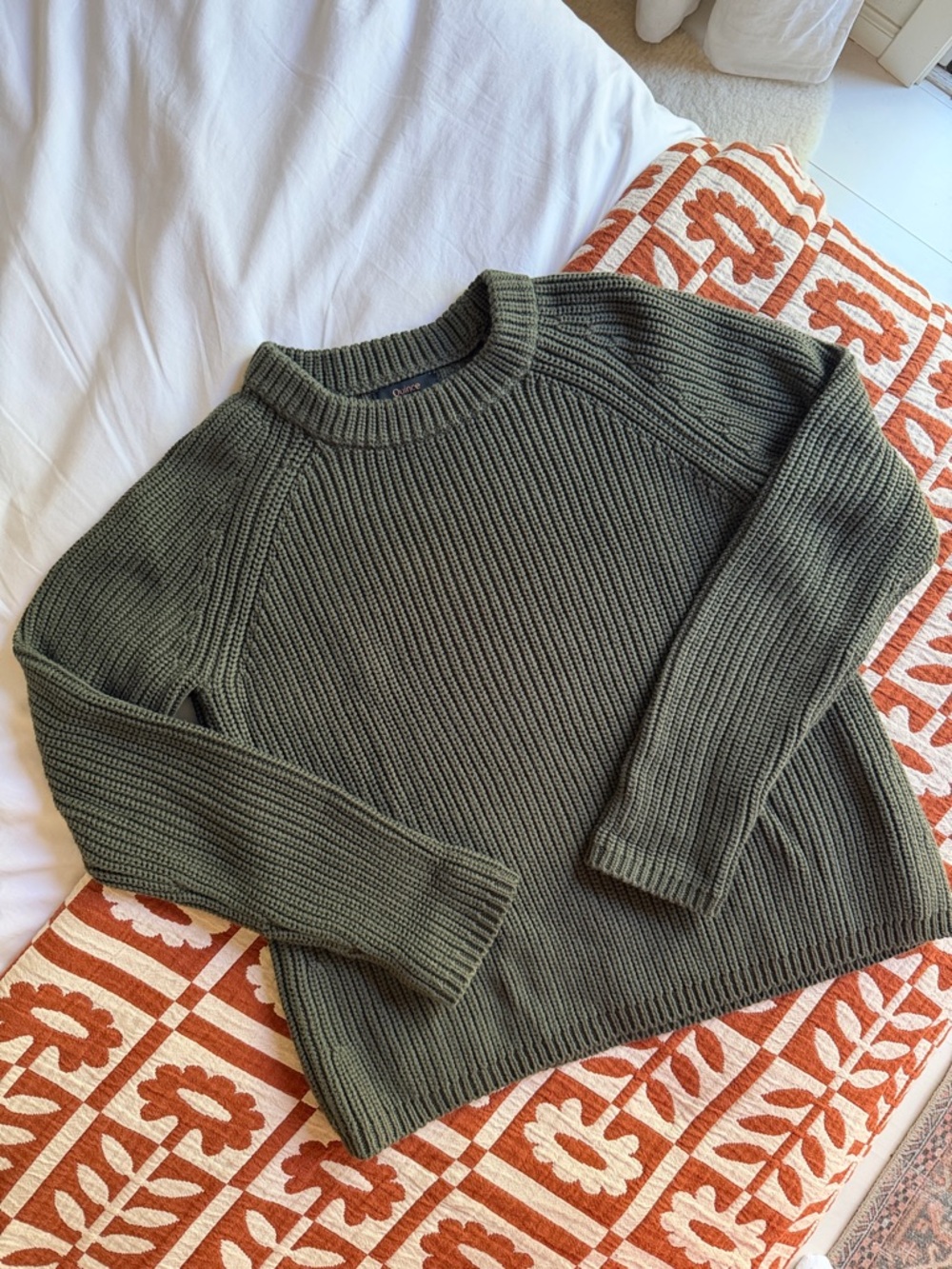 Quince 100% Organic Cotton Fisherman Crew Sweater in Olive Green